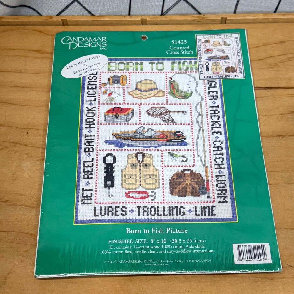 Candamar Designs‎ Born to Fish Counted Cross Stitch Kit 51425 Vintage 2002 8x10